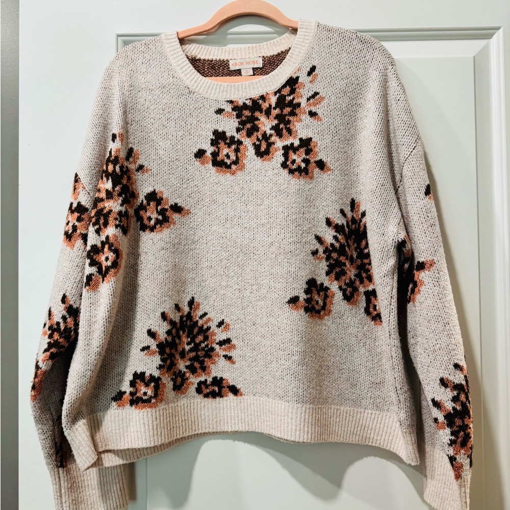 Knox Rose Cream Crewneck Sweater with Black & Brown Floral Motifs
